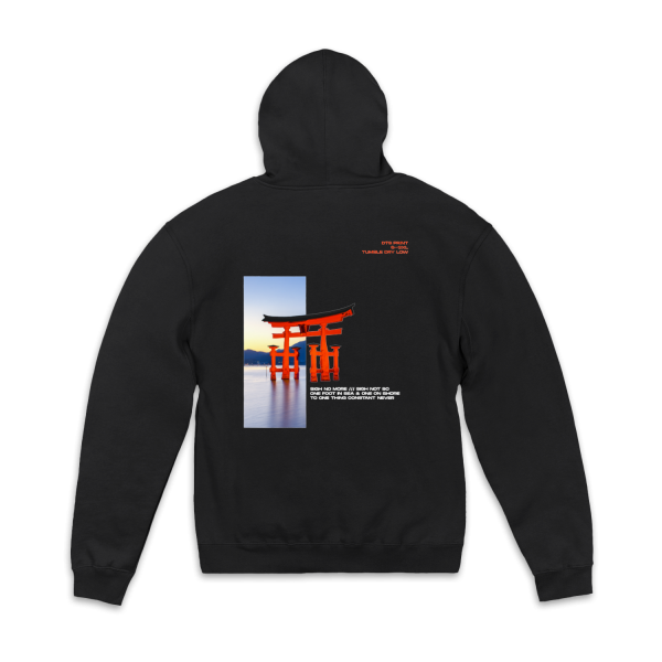 Back flat view of black hoodie featuring a red gate with text in the top right and below the gate