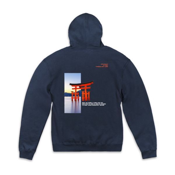 Back flat view of navy hoodie featuring a red gate with text in the top right and below the gate