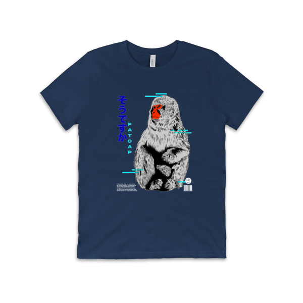 Front flat view of navy tee featuring a snow monkey, with additional text surrounding it describing the monkey, with "Fatcap" most prominent on the left side in both English and Japanese